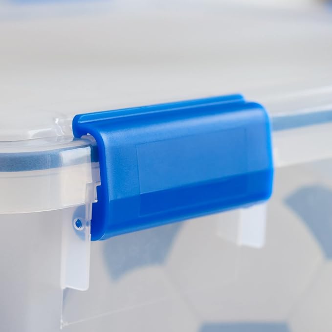 IRIS USA WeatherPro 74 Qt Storage Bins with Lids, 3 Pack, BPA-Free Plastic Gasket Box with Tight Latch and Seal, Stackable Nestable Tote Tub - Clear/Blue