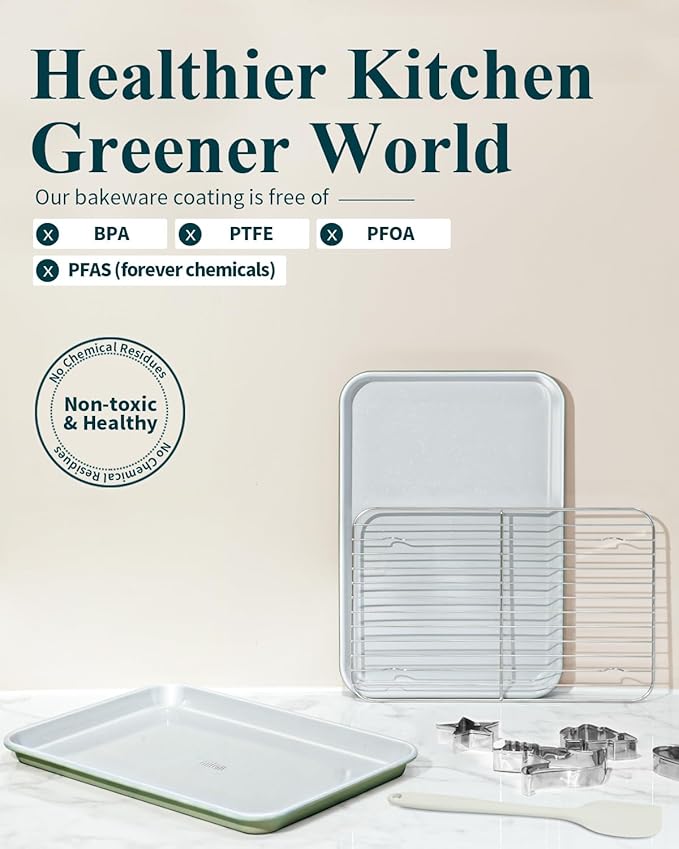 7PCS Ceramic-Coated Baking Sheet Set - 10x15in Jelly Roll Pan Non-Stick Cookie Sheet with Wire Rack, Silicone Spatula & 4 Cookie Cutters, PFAS Free, Oven Safe (550°F), Pistachio Green