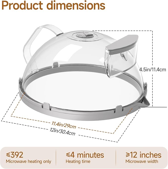 10" Microwave Splatter Cover with Water Steamer, Microwave Cover for Food, Dome Splatter Guard with Hanging Hole, Easy Clean & Space Saving Hanging Design, Grey