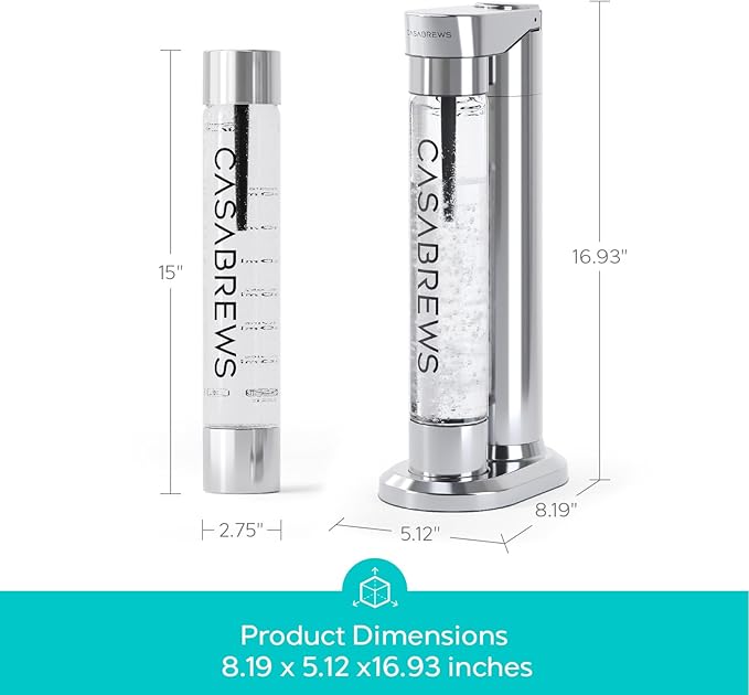 CASABREWS EDGE Soda Streaming Machine, Stainless Steel Sparkling Water Maker with Dual Safety Valves, BPA Free Bottle Soda Maker Carbonates Water, Wine, Juice, Uses 60L CO2 Carbonators (NOT Included).