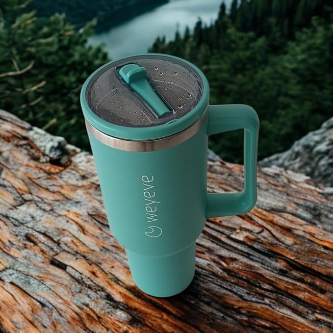 40oz Tumbler with Handle, Flip Straw, and Leak-Proof Lid – Stainless Steel Double Wall Insulated Travel Mug (Ocean Green)