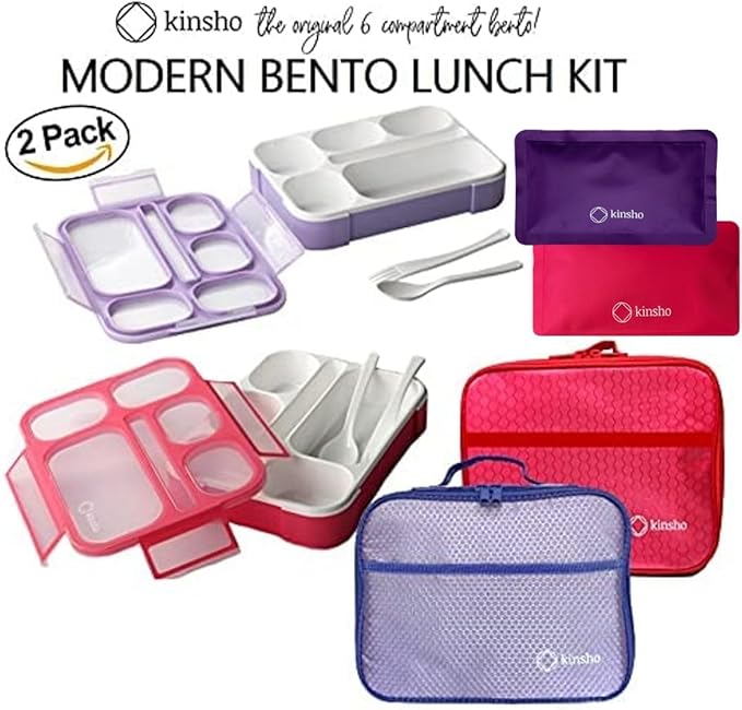 kinsho Lunch Boxes for Boys Teens Adults - Bento Box Set of 2 with Insulated Bag & Ice Pack, 6 Compartment Leak Proof Container, BPA-Free, Microwave Safe, Ideal for School & Work, Pink & Purple
