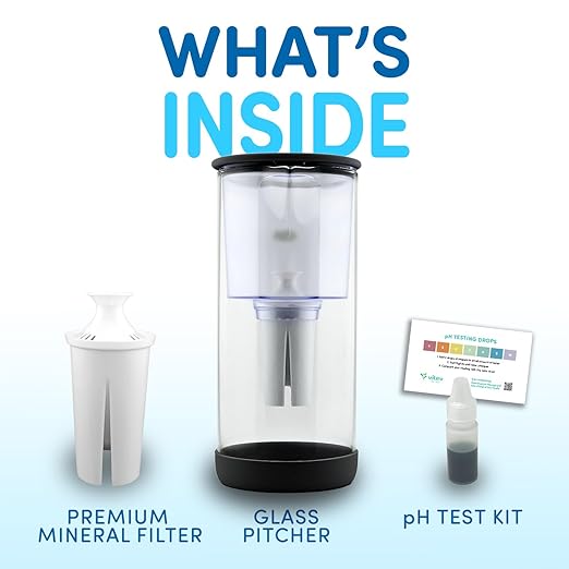 Glass Pitcher with Mineral Rich pH Balancing Filter, Sleek Glass Lid – Brita Compatible Fridge Friendly Design (Black)