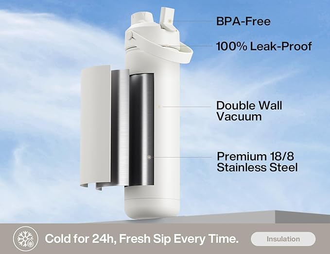 POWCAN 26 oz Insulated Water Bottle with 2-in-1 Straw and Spout Lid, Keep Cold 24H, Leak-Proof, Fits in Car Cup Holder, Stainless Steel Water Bottle for Sports, Travel, Gym, and School (Ivory)