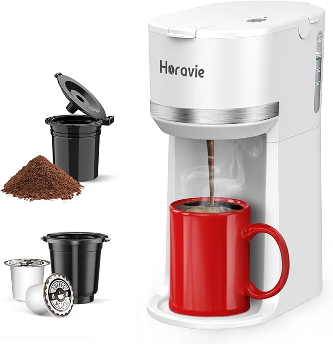 Horavie Mini Single Serve Coffee Maker for K Cup and Ground Coffee, Fast Brew One Cup Coffee Machine with Descaling Reminder and Water Window, 6 to 12 oz. Brew Sizes, White