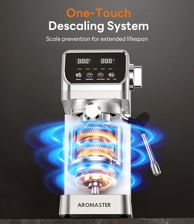 Aromaster Espresso Machine 20 Bar with Milk Frother, Easy to Use Compact Espresso Maker with Touchscreen, Fast Heat 1400W for Latte & Cappuccino, Stainless Steel Coffee Machine for Home & Office