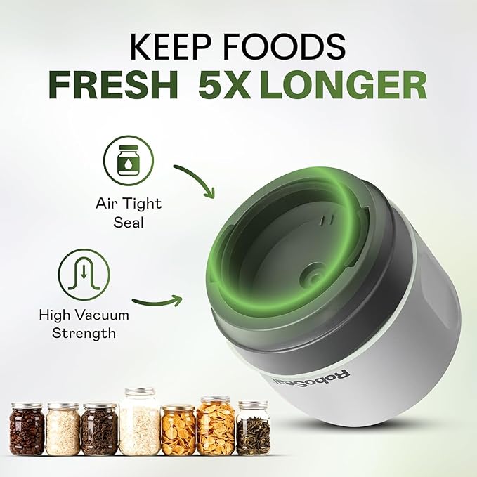RoboSeal Electric Mason Jar Vacuum Sealer Kit with 10 Lids, Works on Wide & Regular Mouth for Canning Food, Auto Stop One Touch Operation, Digital Battery Indicator, Jar Opener Included
