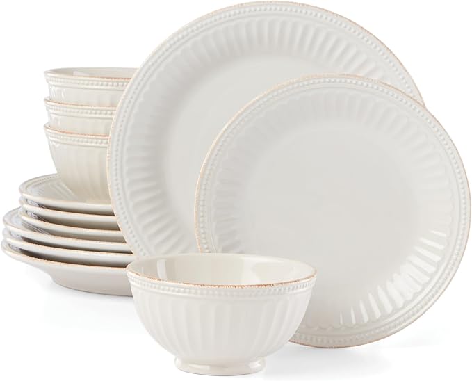 Lenox French Perle Groove 12-Piece Plate & Bowl Set, 23.05 LB, White