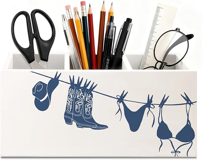 Funky Bikini Beach Wooden Utensils Holder, Girly Trendy Navy Blue Coastal Cowgirl Boot Hat Wood Cooking Utensil Holder Organizer for Kitchen Countertop Counter Decor Accessories