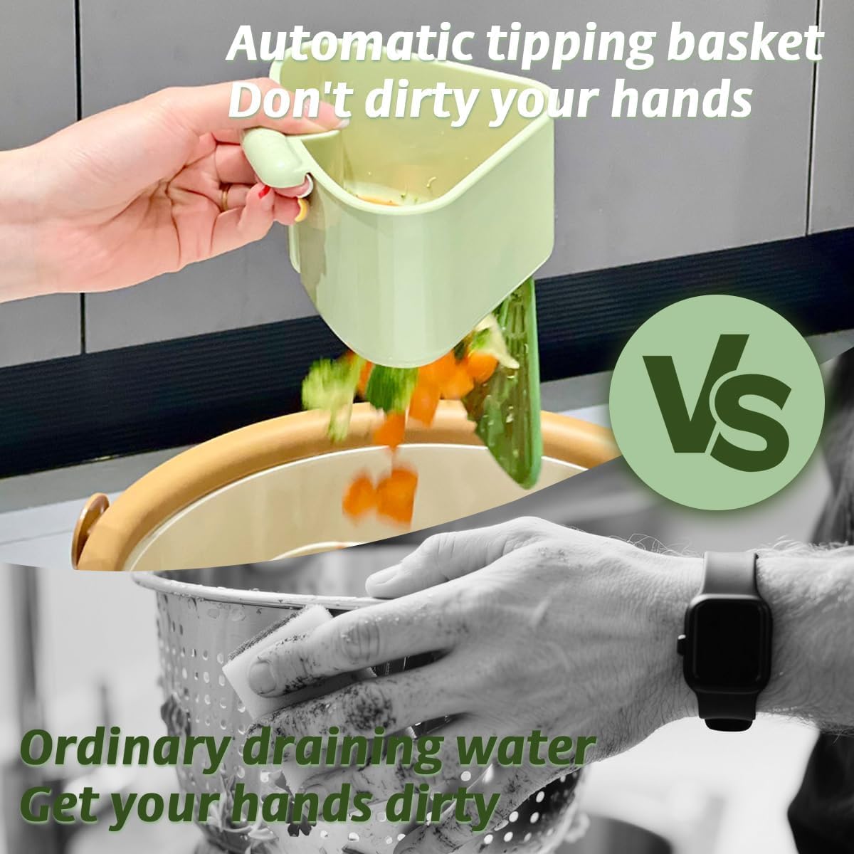 Suction Cup Sink Corner Rack, 2025 Upgraded Self-Cleaning Sink Strainer Basket, Removable Food Waste Catcher with Drain Hole, Say Goodbye to Gross Food Scraps and Smelly Sinks (Green)