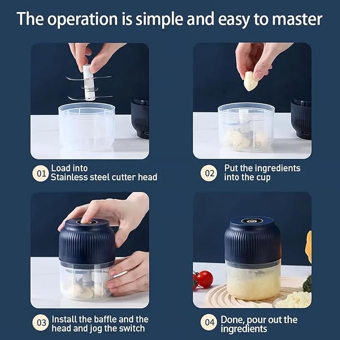 Electric Garlic Chopper, Mini Portable Veggie Cutter, Rechargeable Wireless Electric Food Chopper with 4 Stainless Steel Blades, One-Press Fast Prep for Garlic, Onion, Chili, Ginger, Meat (2Pcs C)