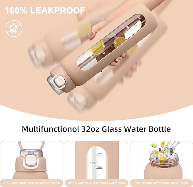 chunmo 32 oz Glass Water Bottles with 2 Lids-Handle Spout Lid & Straw Lid, 1 Liter Motivational Borosilicate Water Bottle with Time Marker and Silicone Sleeve,Leakproof-Amber-1 Pack