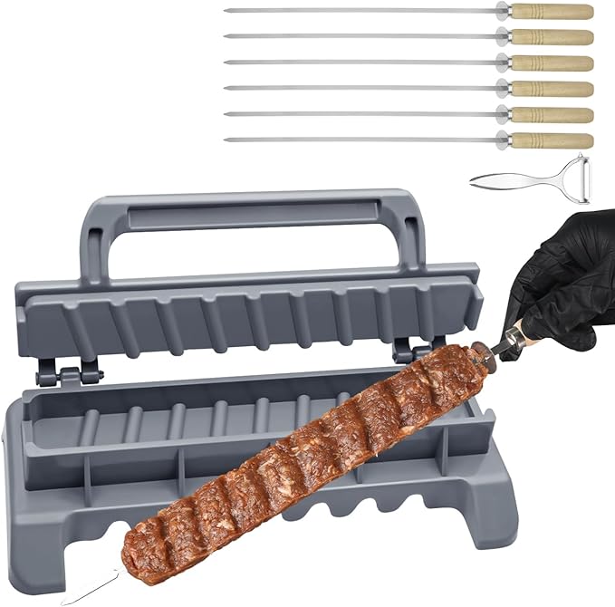 Large Kebab Maker Plastic Press with 6 Stainless Steel Skewers and 1 Peeler, Kabob Skewers Barbecue Machine Maker Mold, Portable Easy to Use Kebabs Essential Grilling Tool (Grey)