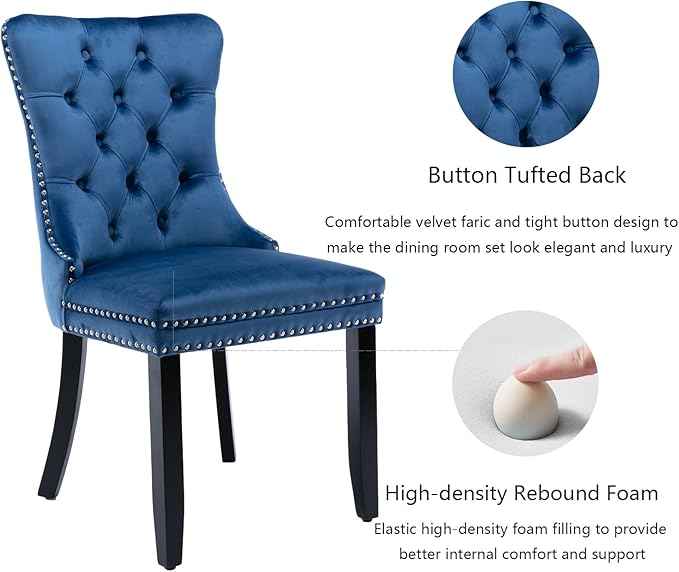 Upholstered Dining Chairs Set of 4, Velvet Dining Room Chairs with Back Ring Pull Trim and Solid Wood Legs, Tufted Wingback Kitchen Chair Perfect for Dining Room,Living Room,Kitchen(Blue)