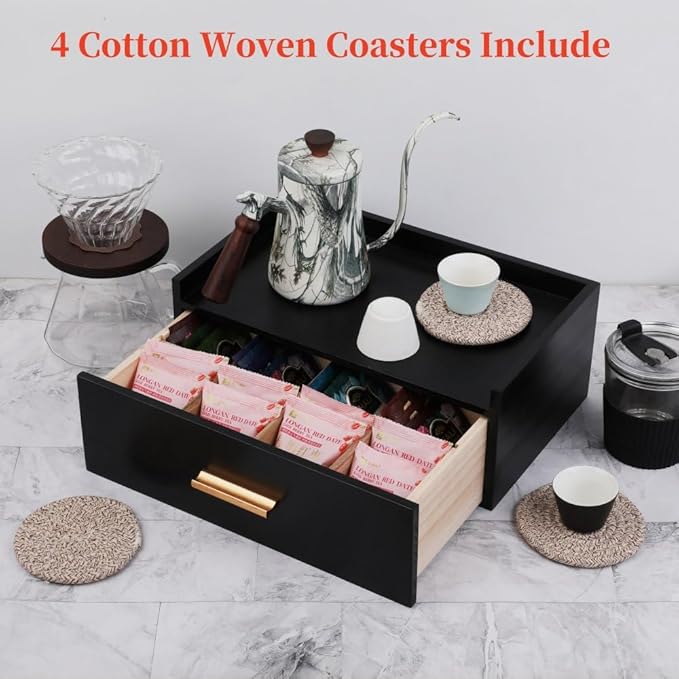 Tea Organizers and Storage Box Tea Station organizer for Countertop with 4 Cotton Woven Coasters Pine Wood Tea Bag Organizer Drawer Teabag Holder with 8 Compartments Wooden Sugar Packet Holder（Black）