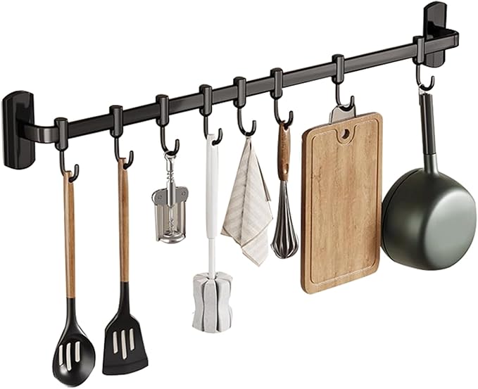Rail Rack Organizer Self Adhesive Kitchen Utensil Rack Aluminum Wall Mounted Hanging Rail 8 Removable Hooks Pots Pans Spoons Knives,Black,45cm