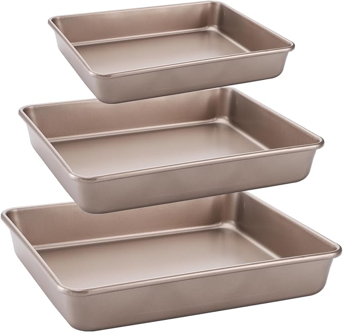 Dicunoy Set of 3 Deep Baking Pans, Nonstick Rectangle Cake Baking Sheet for Oven, Bakeware Bread Pans, Heavy Duty Carbon Steel Bread Tray, Bake Mold Turkey Roasting Pan, 8,11,12 inch