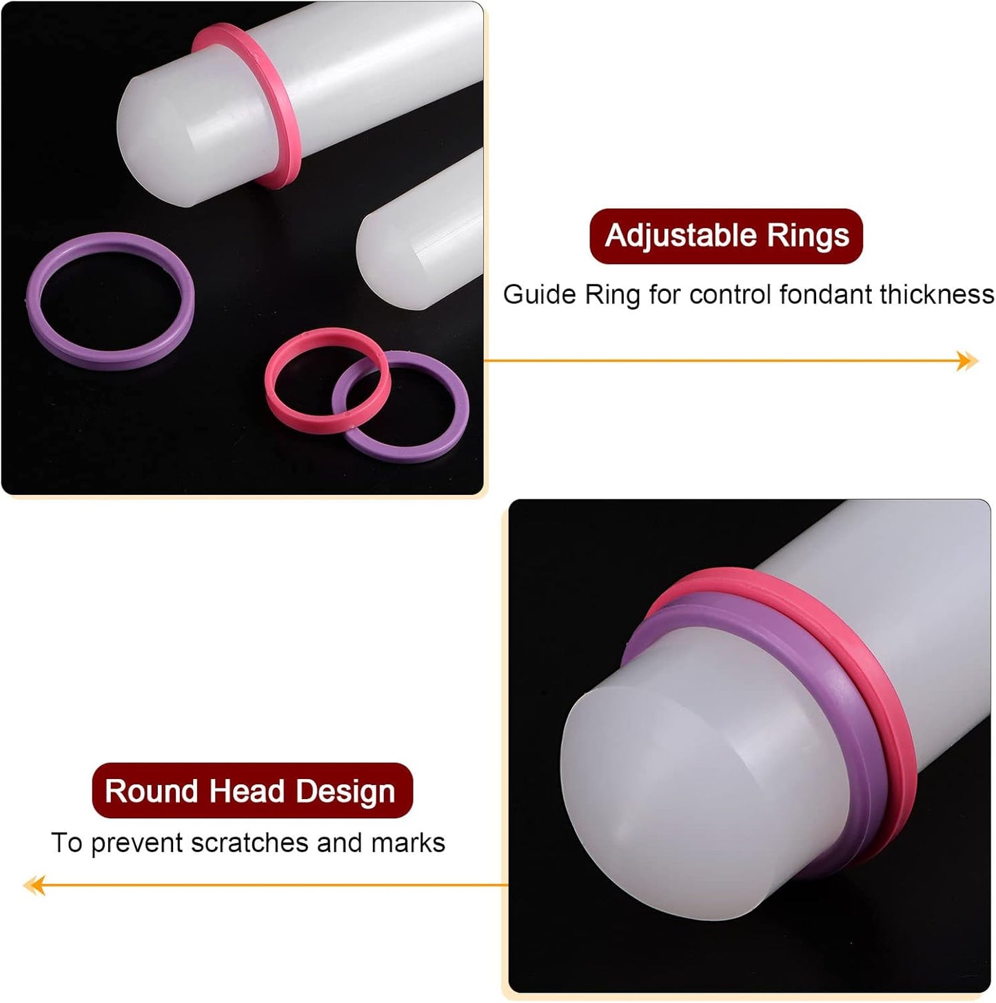 HARFINGTON 2pcs Fondant Rolling Pin 13 Inch x 1.38 Inch Adjustable Guide Rings Non-Stick PP Plastic Fondant Roller Dough Roller Kitchen Decorating Tools for Cookie Pastry Pizza Clay