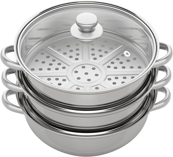 3-Tier Food Steamer Pot for Cooking - 12.8in Stainless Steel Steamer w/Lid Cookware For Vegetable,Dumpling, Crab, Stock