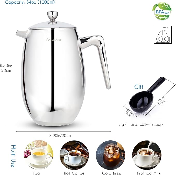 Easyworkz Nando French Press 34 oz, Bundled Gage Gooseneck Pour Over Coffee Kettle 12 oz Stainless Steel Hand Drip Long Narrow Spout, Silver
