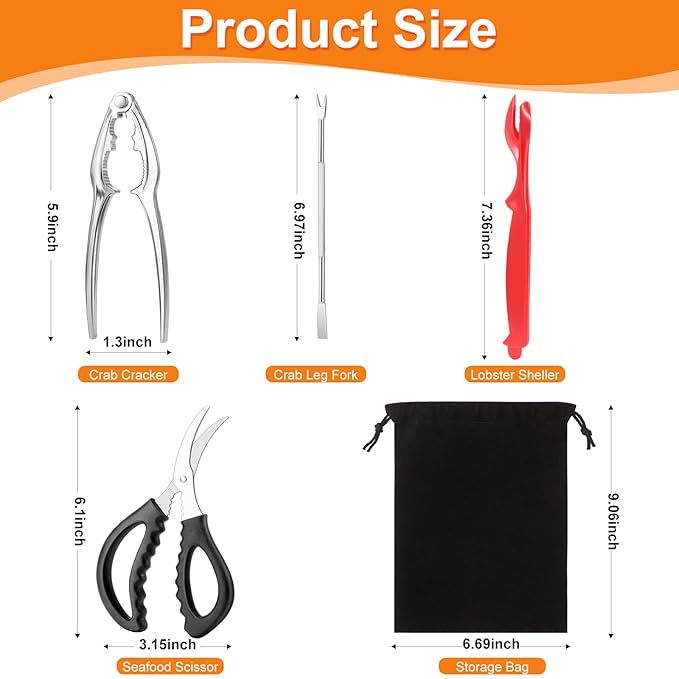 8Pcs Crab Cracker Tool Set, Stainless Steel Crab Crackers, Lobster Sheller, Fork, Scissors & Storage Bag, Crab & Lobster Eating Utensils for Seafood Lovers