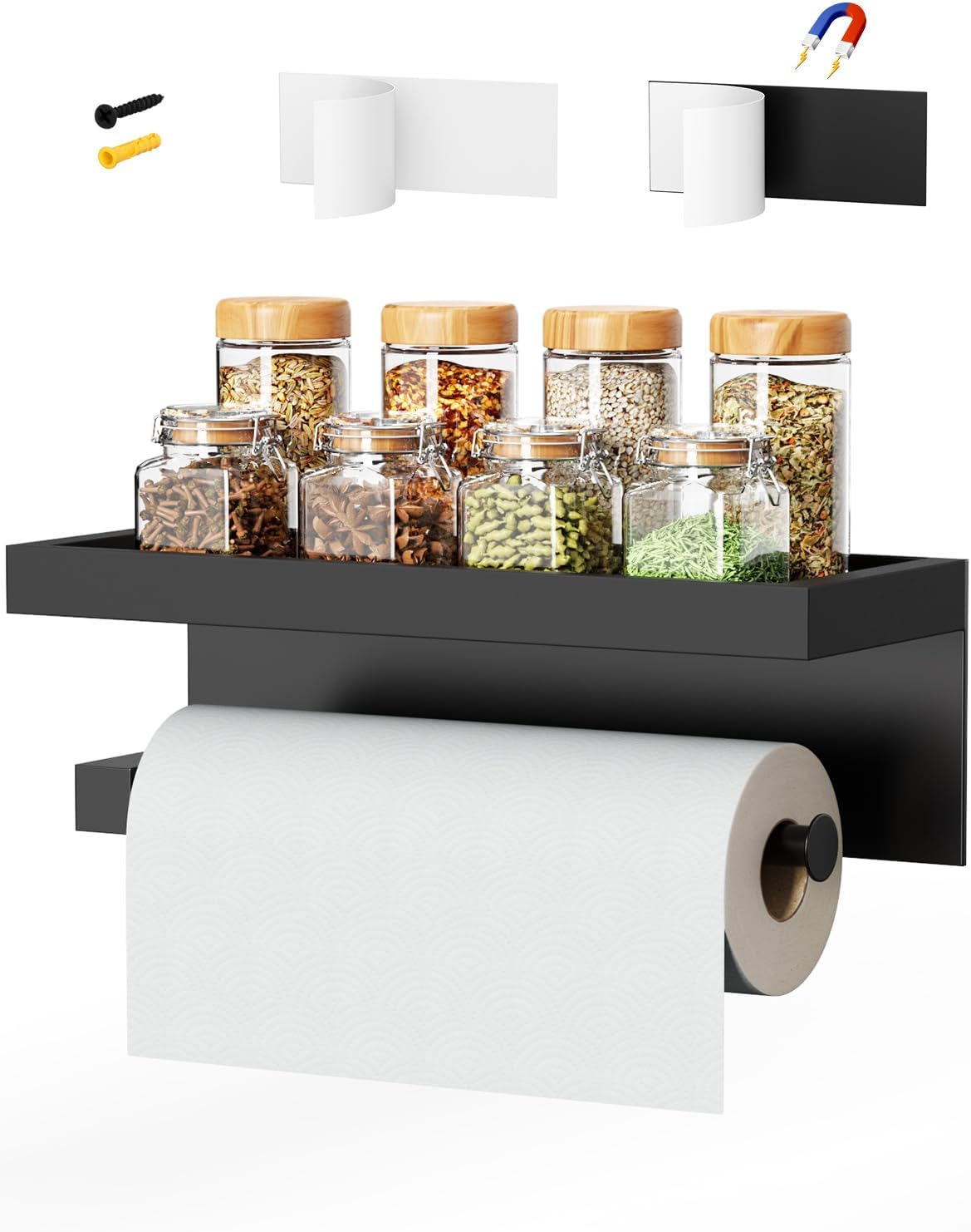 3-in-1 Paper Towel Holder Magnetic Adhesive Wall Mount - Paper Roll Holder with Shelf Under Cabinet, Kitchen Essentials for New Home Apartment Decor, RV Camper Organization Must Haves, Black