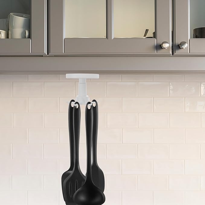 Baluue 2pcs Wall Mounted Kitchen Utensil Hooks with Strong Adhesive, 6-Claw Rotating Non-Punch Storage Hangers Under Cabinet Hanging and Multi-use Kitchen Organization