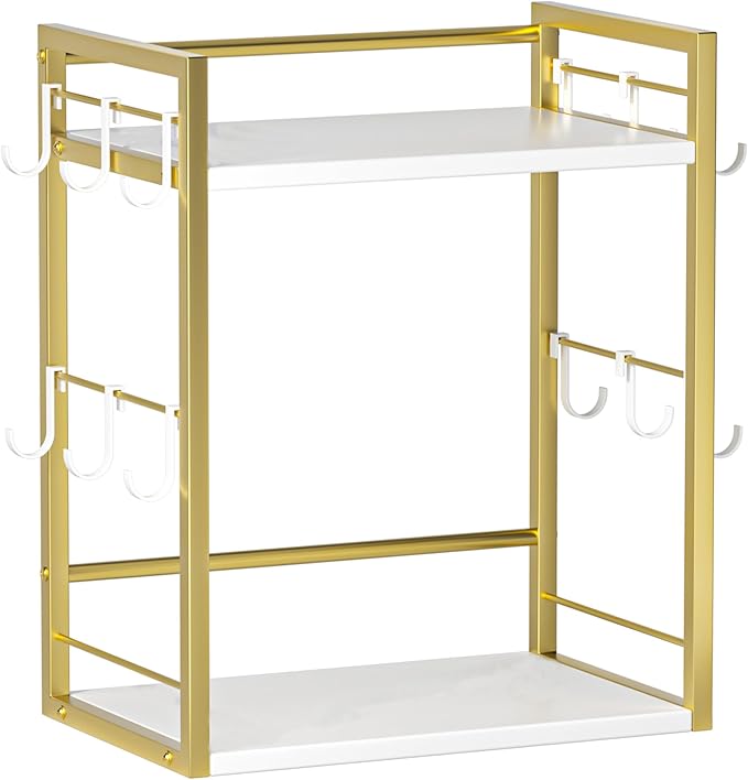 Dorhors 2 Tier Coffee Bar Accessories and Organizer,Multi-functional Mug Holder with 12 Hooks,Wood Coffee Station Organizer,Kitchen Countertop Shelf (Gold + White)