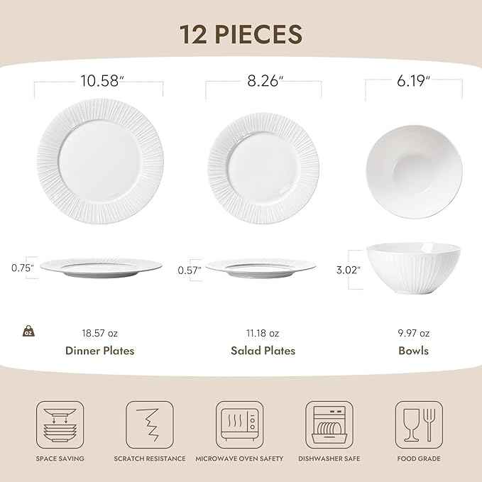 KINGSTONE Bone China Dinnerware Set, 12-Piece White Lightweight Porcelain with Textured Design Service for 4, Plates, Bowls, for Family Dining, Restaurants, Gifting, Microwave and Dishwasher Safe