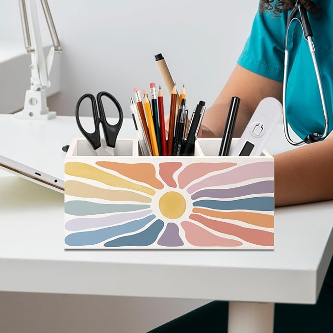 Boho Colorful Sun Sunshine Wooden Utensils Holder, Abstract Mid Century Modern Sun Wood Cooking Utensil Holder Organizer for Kitchen Countertop Counter Decor Accessories