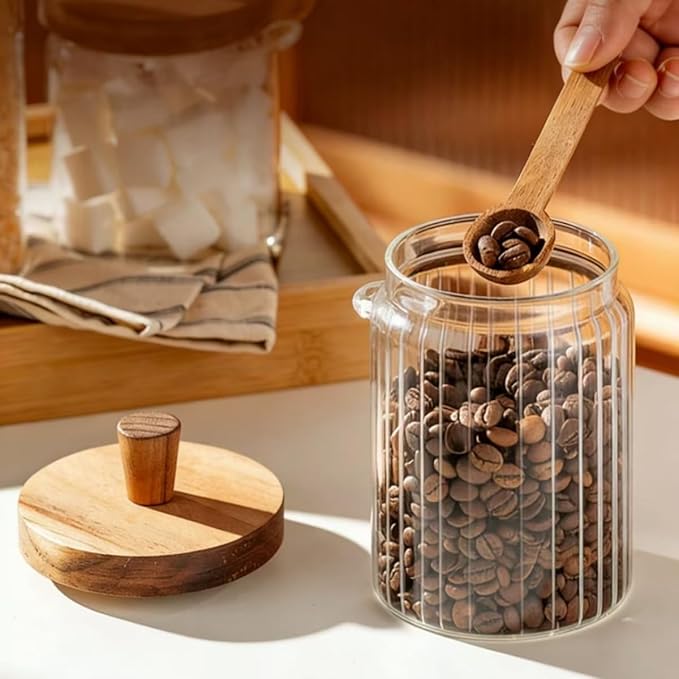 ANSQU Glass Jar with Wooden Lid & Spoon, 20.3oz Food Storage Containers Coffee Jar Coffee Grounds Container, Coffee Canister holds up to 7.4oz Coffee Beans (2 Pack)