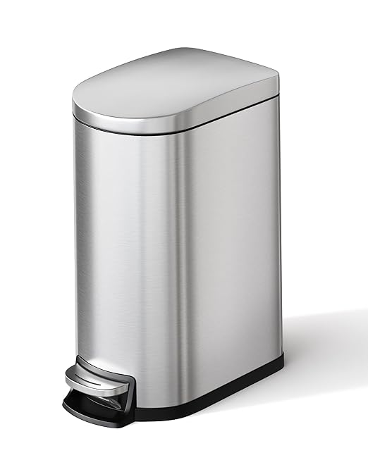 2.6 Gallon Bathroom Trash Can with Lid, Slim Step Pedal Garbage Bin, Stainless Steel Wastebasket with Soft-Close Lid, Removable Inner Bucket & Rear Handle for Bathroom, Office & Small Spaces-Silver