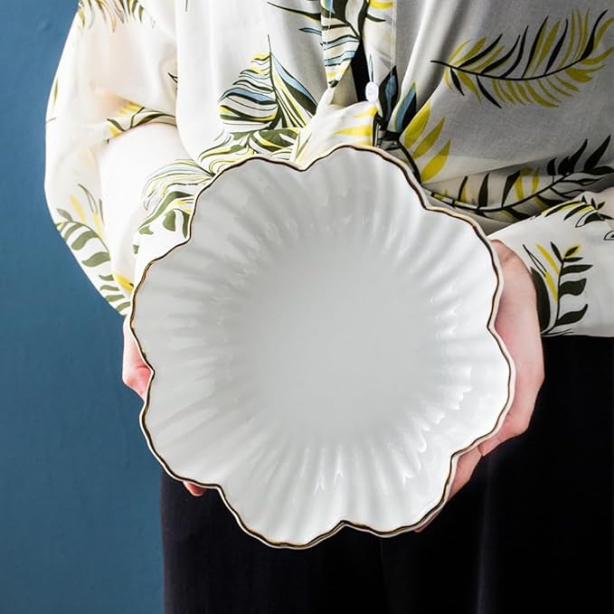 Porcelain Serving Dish,Ceramics Flower Relish Tray with Metallic Rim,Serving Bowls for Wedding,Party Perfect for Small Cereal, Pasta, Salad, Candy and Snacks White 8 inch (2pc-8inch)