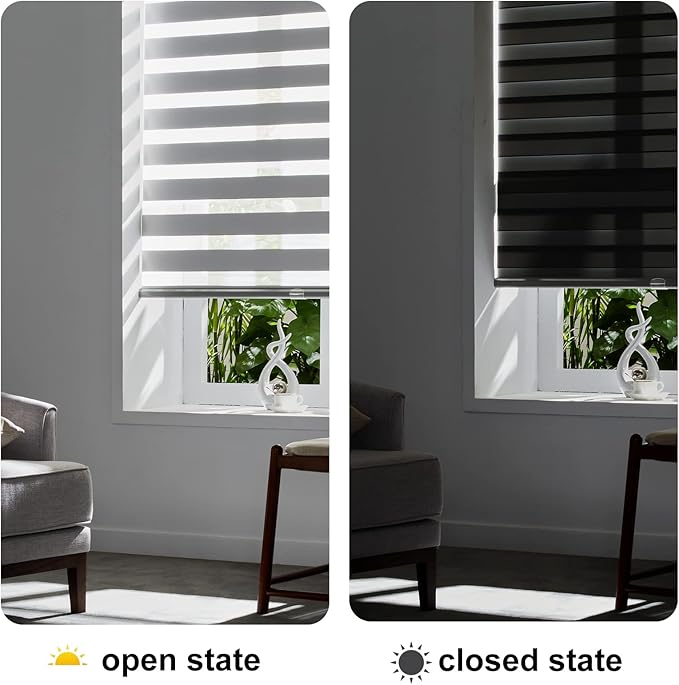 Persilux Cordless Zebra Blinds for Windows Free-Stop Window Shades (27" W X 72" H, Grey) Dual Layer Light Control for Day and Night, Light Filtering Sheer Shades for Home, Easy to Install