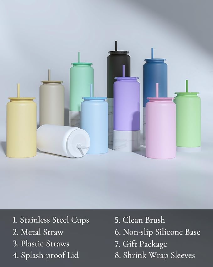 Glass Cups with Lids and Straws, 16oz Stainless Steel, Beer, Iced Coffee, Smoothie, Drinking Cups - Cyan (Textured Matte Finish, Not Sublimatable)