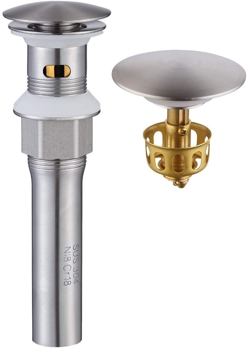 KAIYING Pop Up Drain, Bathroom Sink Drain Stopper with Overflow, Vessel Sink Drain Assembly with Detachable Basket Stopper, Anti-Explosion and Anti-Clogging Drain Strainer (Brushed Nickel)
