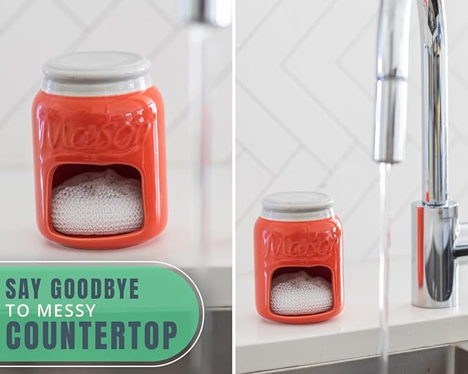 Comfify Ceramic Sponge Holder – Coral Mason Jar Sink Caddy – Farmhouse Kitchen Accessory with Free Sponge