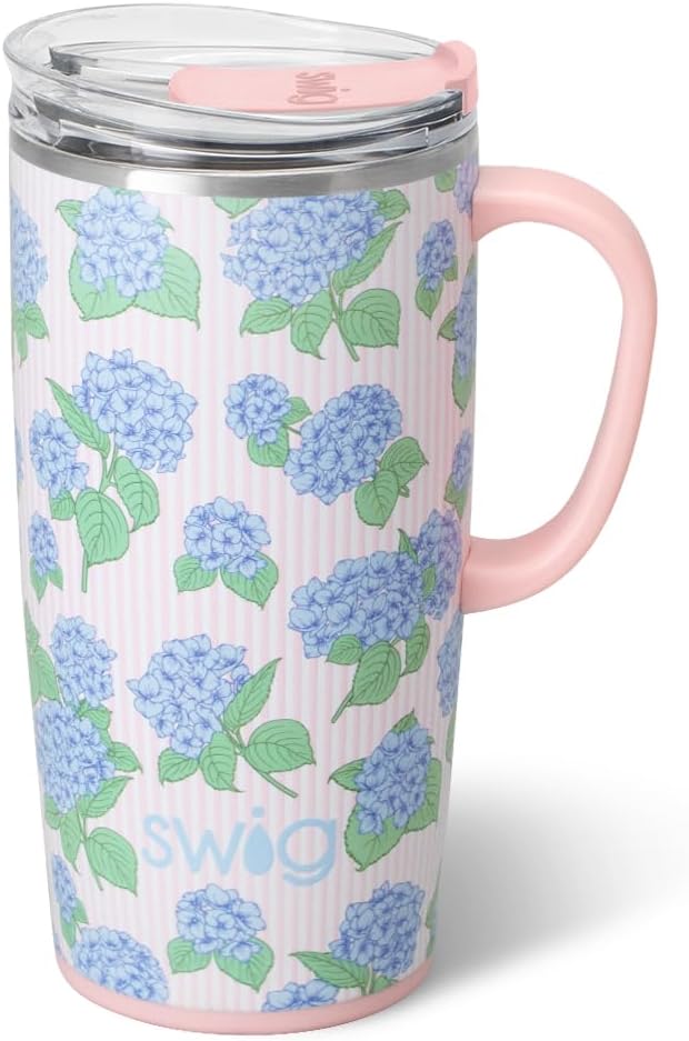 Swig Life 22oz Travel Mug, Insulated Tumbler with Handle and Lid, Travel Coffee Mug, Cup Holder Friendly, Stainless Steel 22 oz Tumbler, Reusable Insulated with Lid (Hydrangeas)