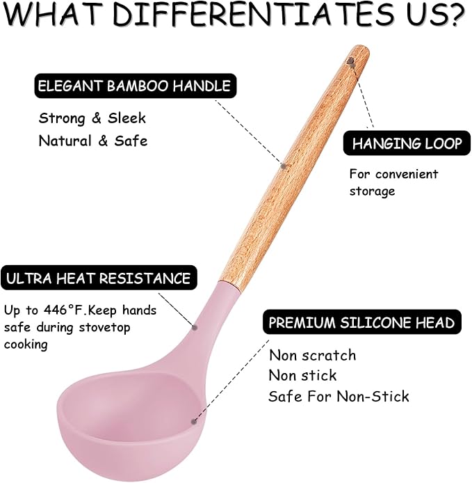 MIBOTE Silicone Cooking Kitchen Utensils Set with Holder, Wooden Handles BPA Free Silicone Turner Tongs Spatula Spoon Kitchen Gadgets Utensil Set for Nonstick Cookware (Pinky)