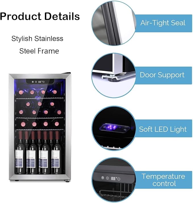 Antarctic Star 26 Bottle Wine Cooler/Drink Beverage Refigerator Small Wine Cellar for Soda Beer Counter Top Bar Wine Freestanding Clear Glass Door for Home Office or Bar 3.1cu.ft, Silver
