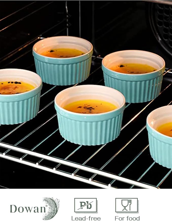 DOWAN Ramekins 6 oz Oven Safe - 6 oz Ramekins for Creme Brulee Souffle, Porcelain Ramekins for Baking, Classic Style Ramekins Bowls, Set of 6, Blue