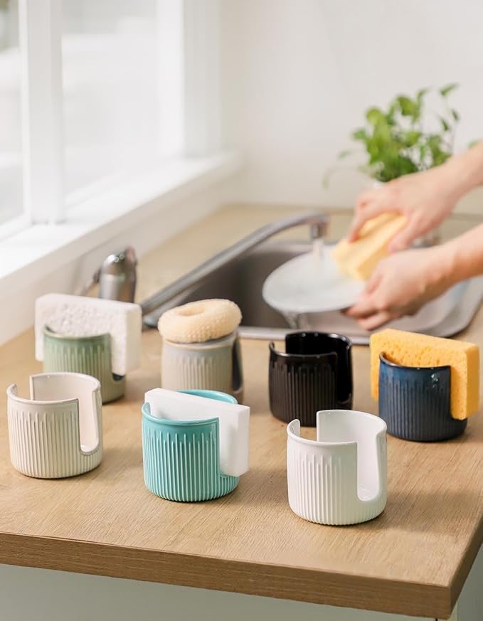Ceramic Sponge Holder for Kitchen Sink, Scrub Sponge Dish Rack, Farmhouse Compact Sink Caddy Organizer, Black