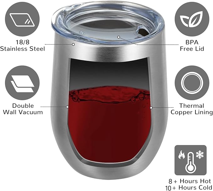 MEWAY 12oz/4 Pack Wine Tumbler Glasses with Lid - Stemless Double Wall Vacuum Stainless Steel Travel Tumbler - Keeping Cold & Hot for Wine,Coffee,Cocktails,Drinks-Family and Gifts (Silver,Set of 4)