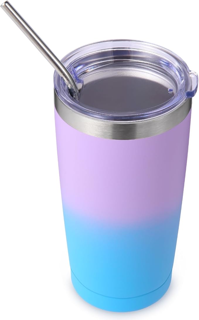 Volhoply 20oz Stainless Steel Tumbler with Lid and Straw,Double Wall Insulated Travel Iced Coffee Mug Fits Cup Holder,Powder Coated Cups for Hot and Cold Drinks,Gifts for Women Men（lavender,1 Set）
