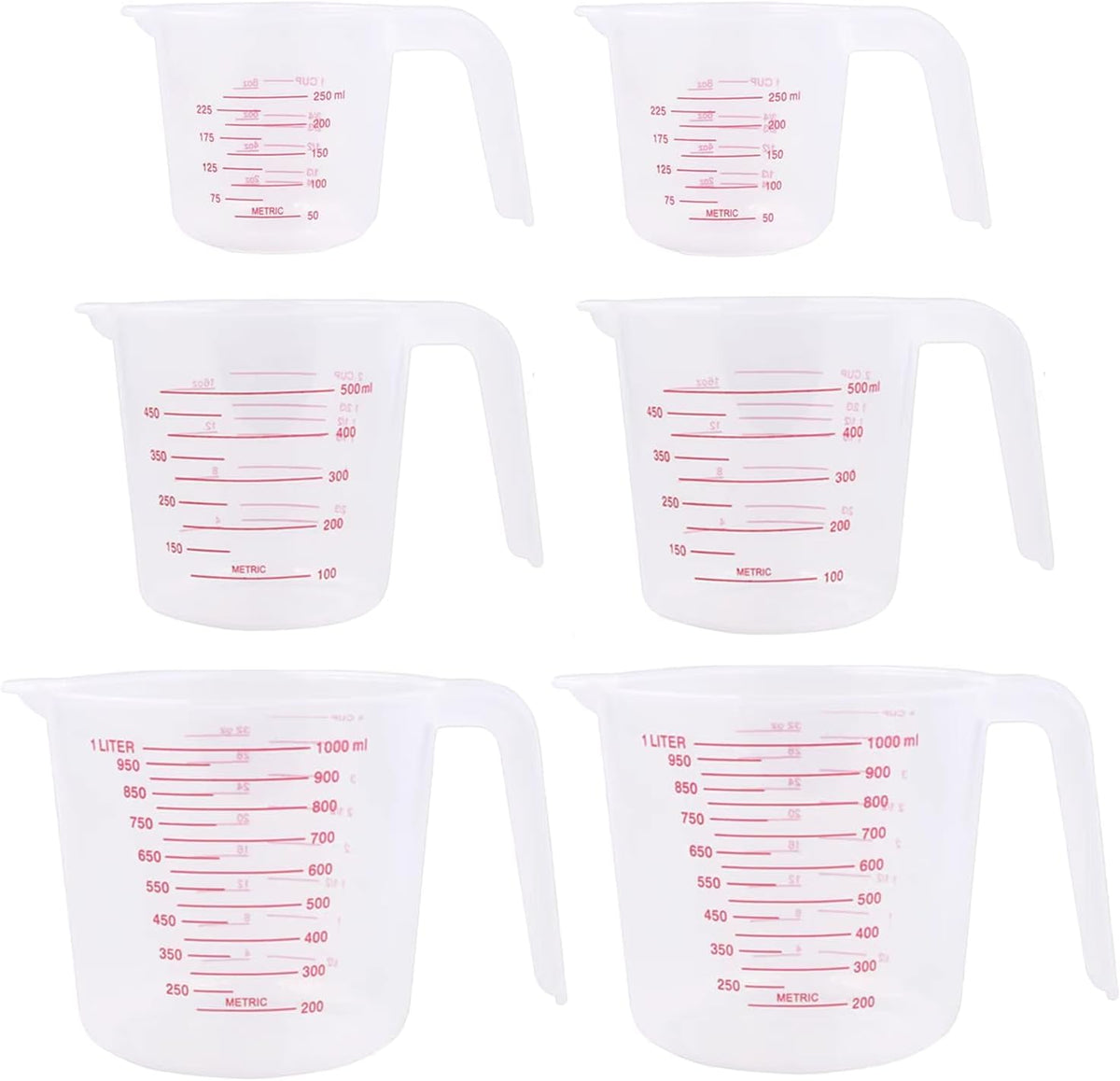 Unbreakable Plastic Measuring Cups 6 Piece Food-Grade Measuring Jugs, 250ml/500ml/1000ml- Capacity, Stackable and Dishwasher-Safe, Great for Oil, Vinegar, Flour, More Essential Kitchen Tools