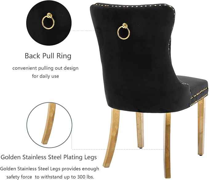 Black Velvet Dining Chairs Set of 4, Upholstered Dining Room Chairs with Back Ring Pull Trim and Golden Stainless Steel Legs,Modern Dining Chairs for Dining Room,Kitchen(Black)
