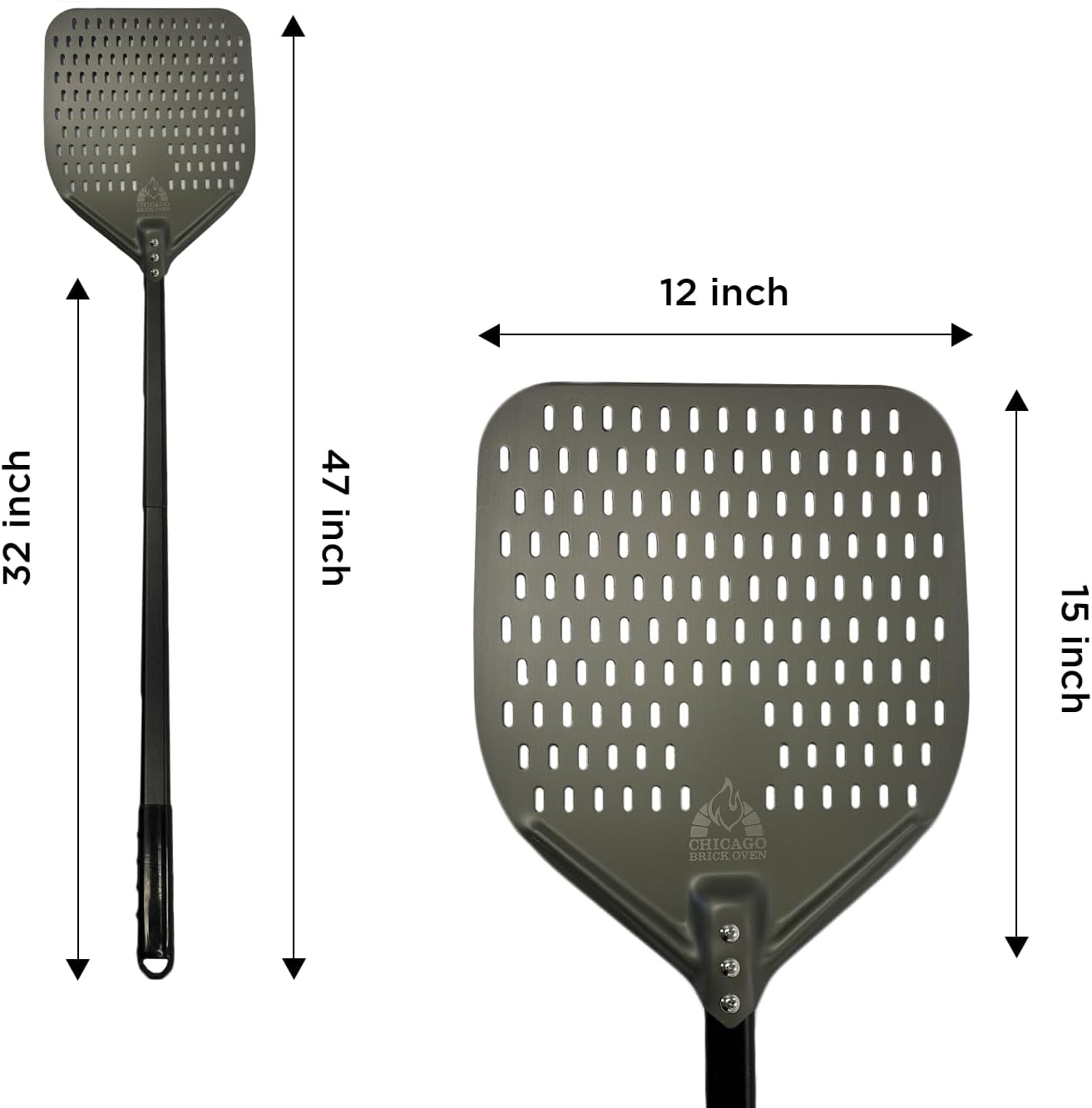 Chicago Brick Oven Perforated Pizza Peel - 12"x15" Anodized Aluminum Pizza Steel, 32" Handle, 47" Overall Length - Ideal Pizza Turning Peel for Pizza Oven, Brick Oven, Baking Bread