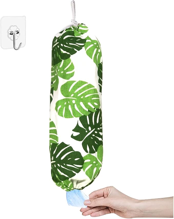 Green Wall Mount Plastic Bag Organizer - Washable Large Grocery Bag Storage Dispenser for Home Kitchen Travelling, Free Adjustment with Drawstring, 22x9