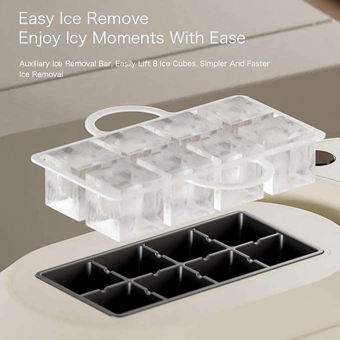 Countertop Ice Maker, Electric Ice Machine, 8 Cubes Ready in 10 Mins, Portable Ice Cube Maker with Car Power Cord, for Home & All Spaces, Clear & Large Ice Cubes,CreamWhite