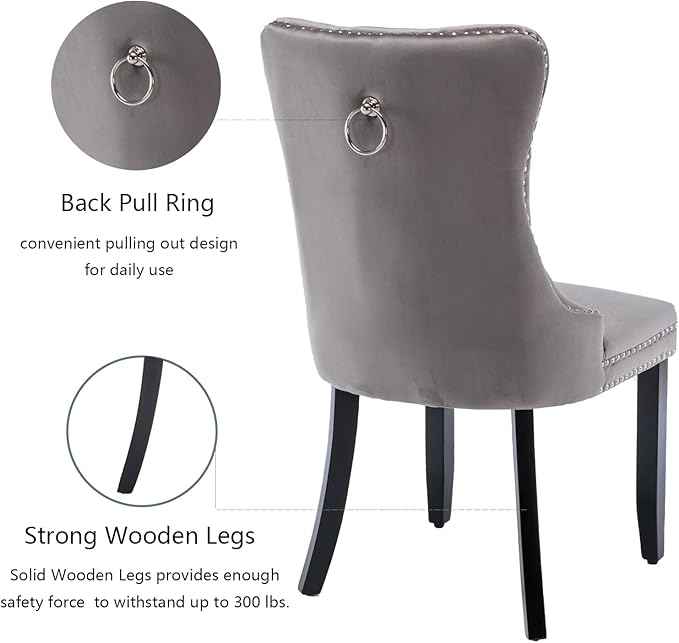 Grey Velvet Dining Chairs Set of 2, Upholstered Dining Room Chairs with Back Ring Pull Trim and Solid Wood Legs,Tufted Wingback Kitchen Chairs for Dining Room,Living Room,Kitchen(Grey)